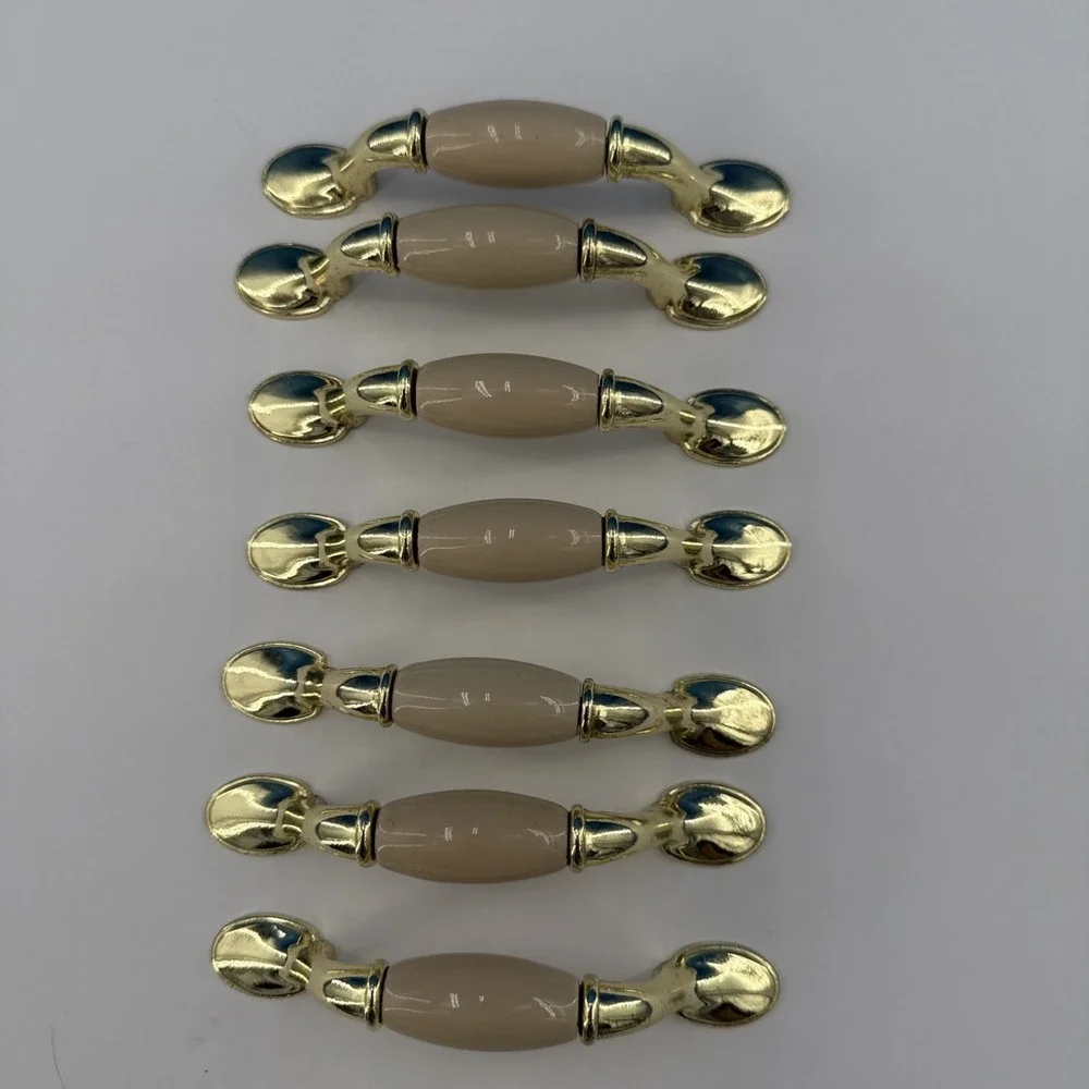 Drawer Pulls Cabinet Handles Set Of 7 Cream Ceramic Gold Brass Metal Ends